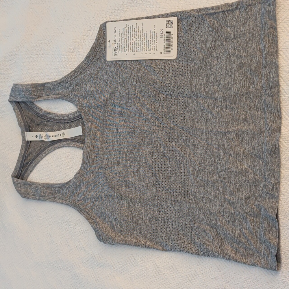 Lululemon Swiftly Tank 2.0. Race Length. Size 6. NWT. Slate White Color.